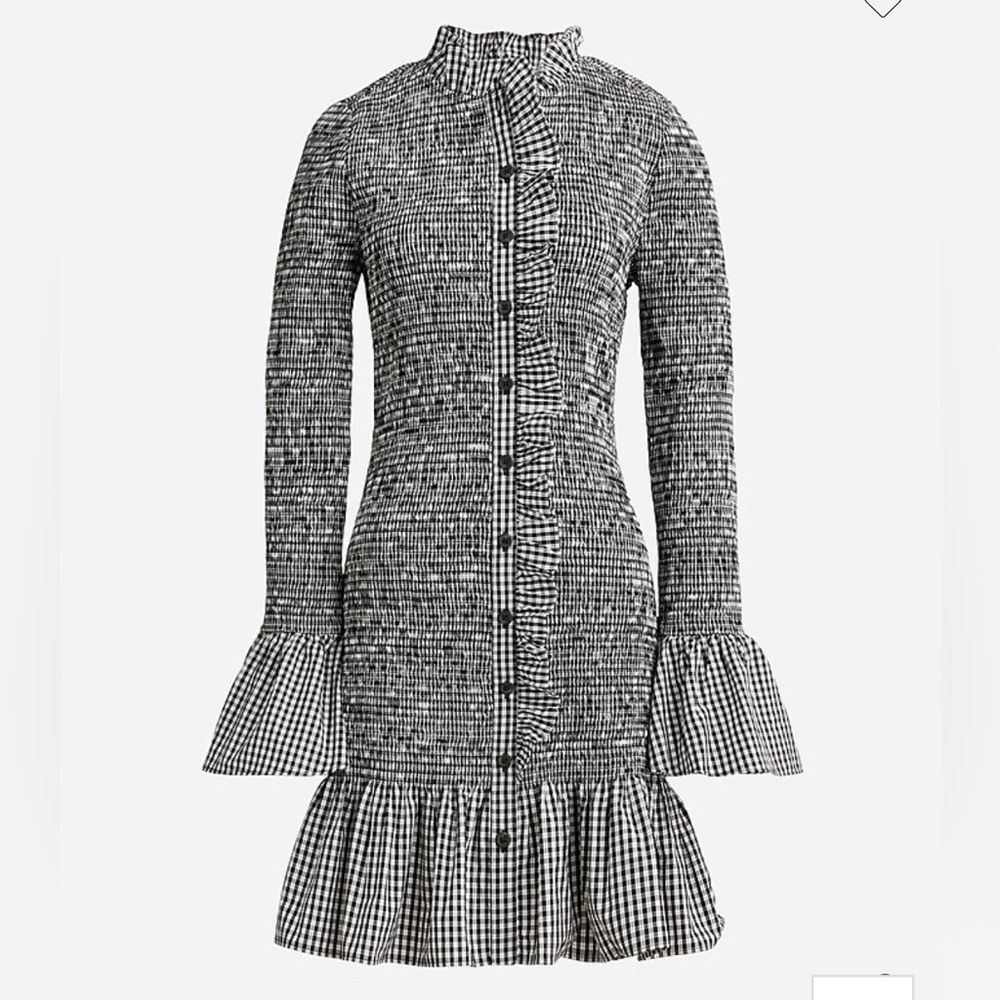 J. Crew Smocked Button-up Mini Dress in Gingham-Black and White